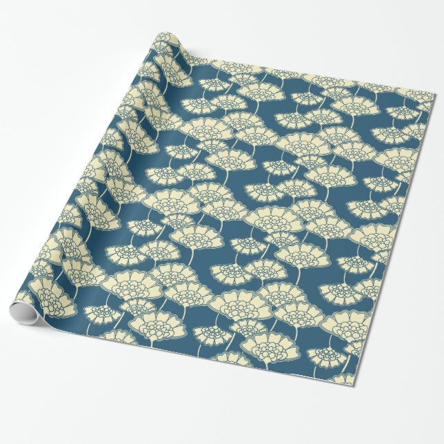 Turquoise gold foil floral Japanese pattern Wrapping Paper (Unrolled)