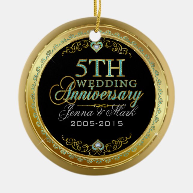 Turquoise & Gold Frame & 5th Wedding Anniversary Ceramic Tree Decoration (Front)
