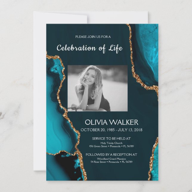  Turquoise & Gold Funeral Celebrating the life Invitation (Front)