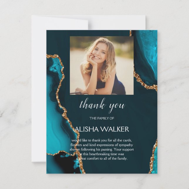 Turquoise & Gold Funeral Memorial Thank You Card (Front)