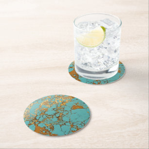 Turquoise Gold Gem Pattern Round Paper Coaster