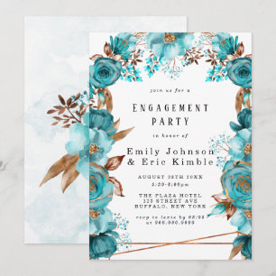 Turquoise Gold Geometric Floral Engagement Party Invitation