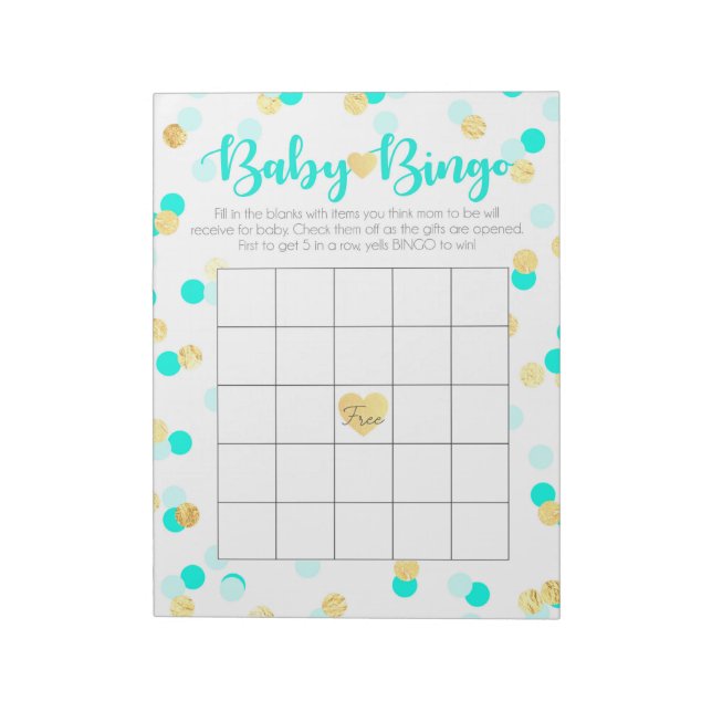 Turquoise & Gold Gift Bingo Baby Shower Game Pack Notepad (Rotated)