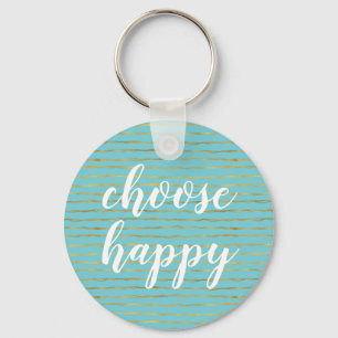 Turquoise Gold Glam Stripes Happy Key Ring