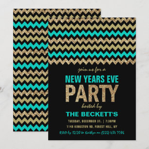 Turquoise & Gold Glitter Chevron New Years Party Invitation