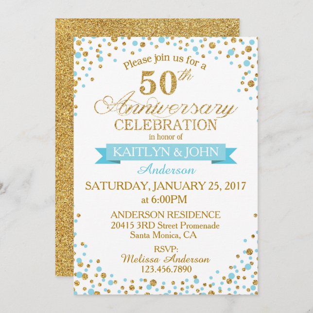 Turquoise Gold Glitter Dots 50th Anniversary Invitation (Front/Back)