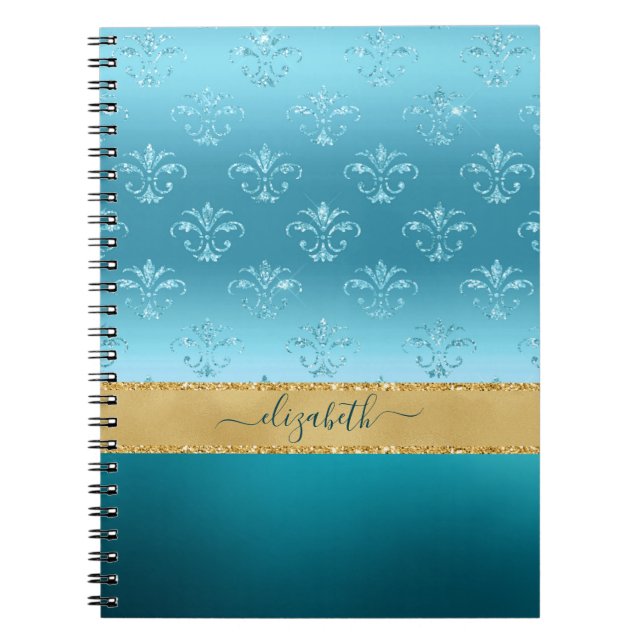Turquoise Gold Glitter Elegant Glam Personalised Notebook (Front)