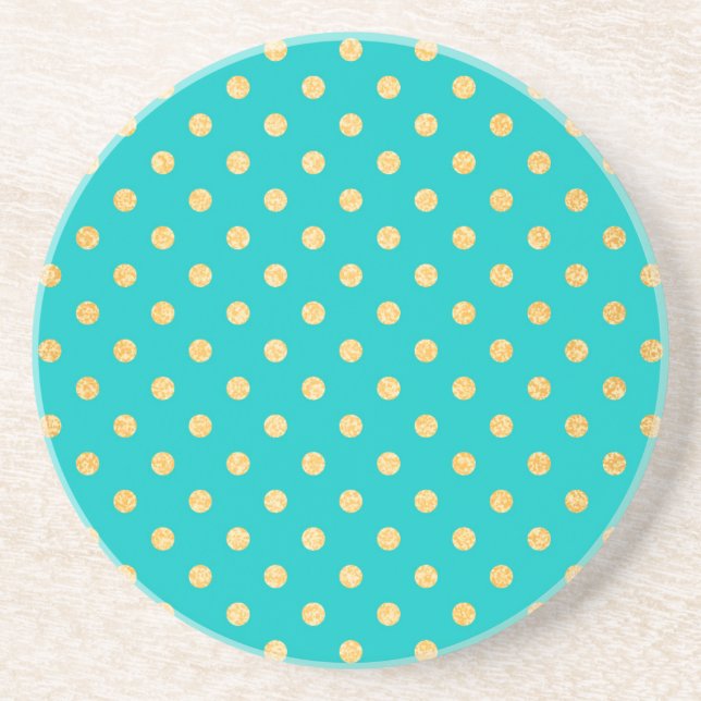 Turquoise Gold Glitter Polka Dots Pattern Coaster (Front)