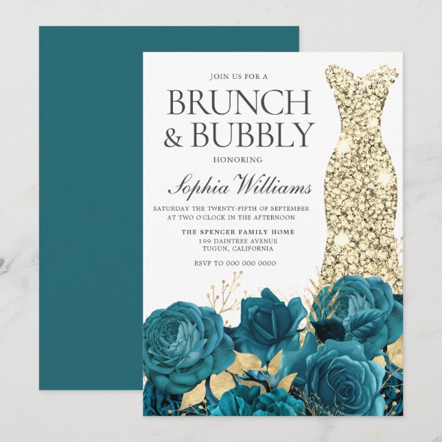 Turquoise Gold Gown Bridal Shower Brunch & Bubbly Invitation (Front/Back)