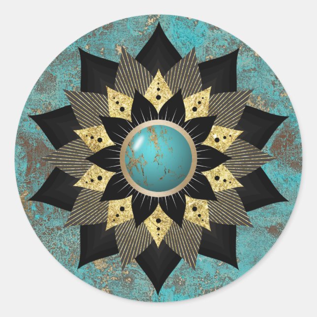 Turquoise & Gold Lotus Flower Mandala Elegant Classic Round Sticker (Front)