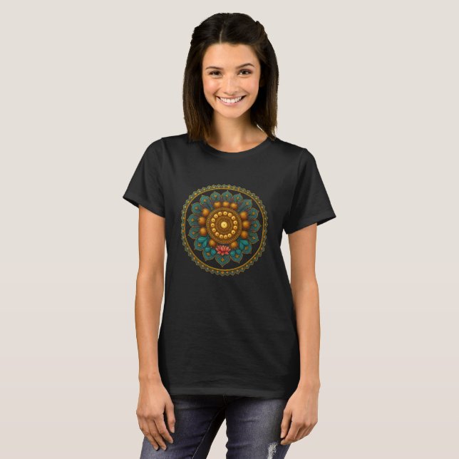 Turquoise Gold Lotus Mandala -Boho Fantasy Graphic T-Shirt (Front Full)