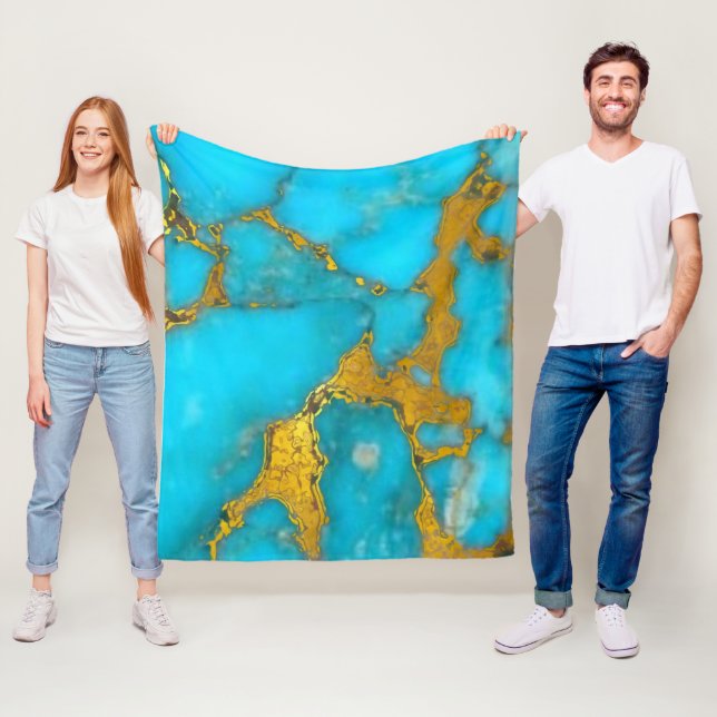 Turquoise Gold Marble Fleece Blanket (In Situ)