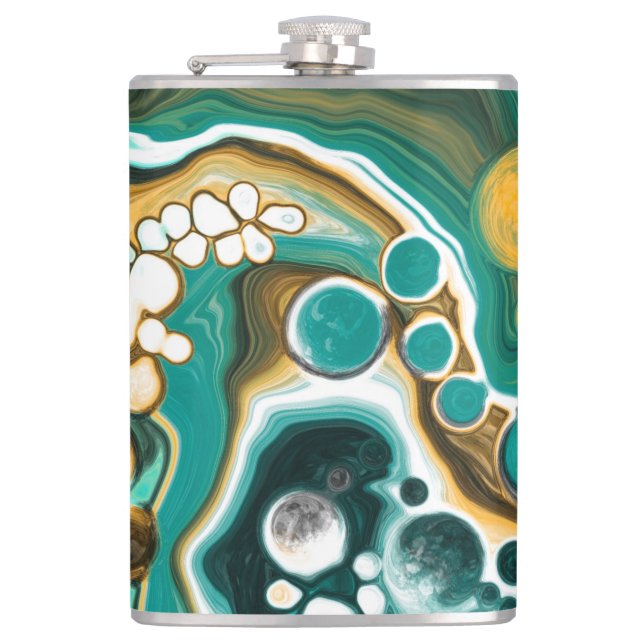 Turquoise, Gold, Marble Fluid Art    Hip Flask (Front)
