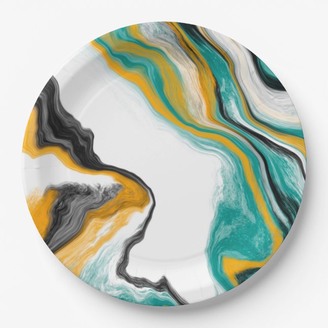 Turquoise, Gold, Marble Fluid Art   Paper Plate (Front)