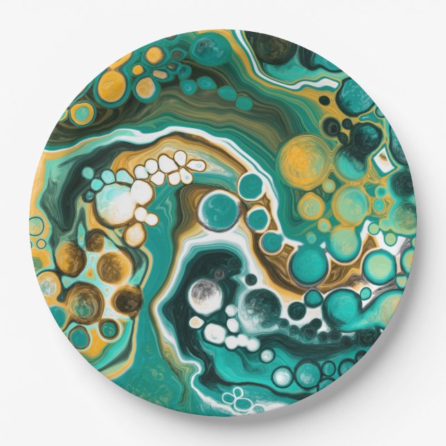 Turquoise, Gold, Marble Fluid Art    Paper Plate (Front)
