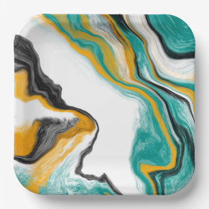 Turquoise, Gold, Marble Fluid Art    Paper Plate