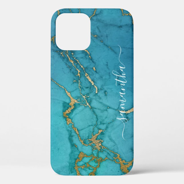 Turquoise Gold Marble Stone Handwritten Name Case-Mate iPhone Case (Back)