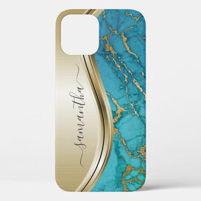 Turquoise Gold Marble Stone Handwritten Name Case-Mate iPhone Case (Back)