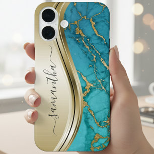 Turquoise Gold Marble Stone Handwritten Name iPhone 16 Case