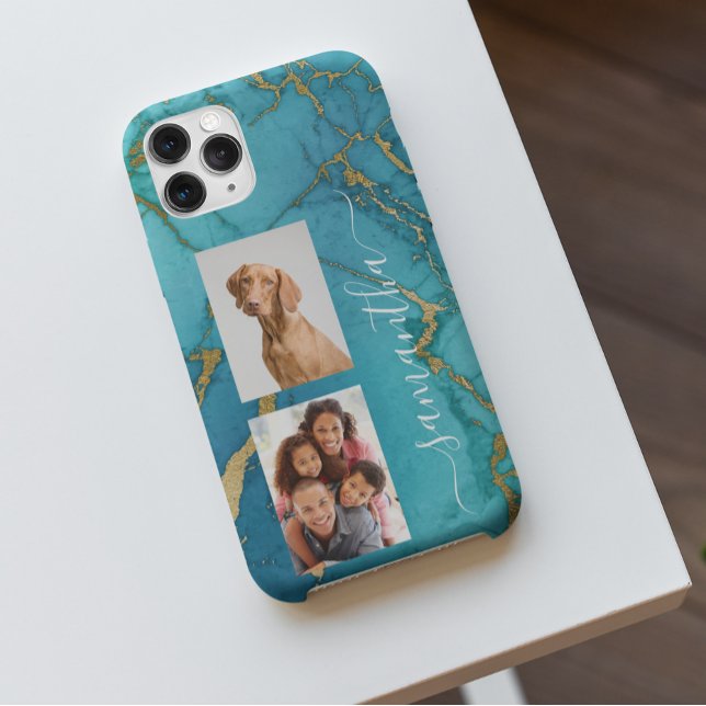 Turquoise Gold Marble Stone Monogram Photo Case-Mate iPhone Case (Creator Uploaded)
