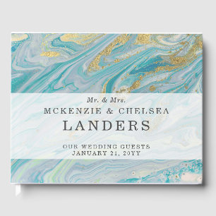 Turquoise & Gold Marble Swirl Agate Geode Wedding Guest Book