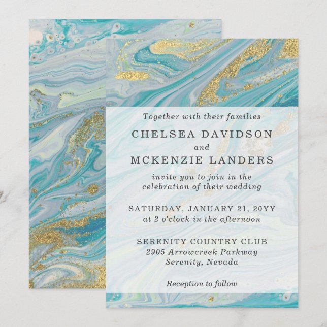 Turquoise & Gold Marble Swirl Agate Geode Wedding Invitation (Front/Back)
