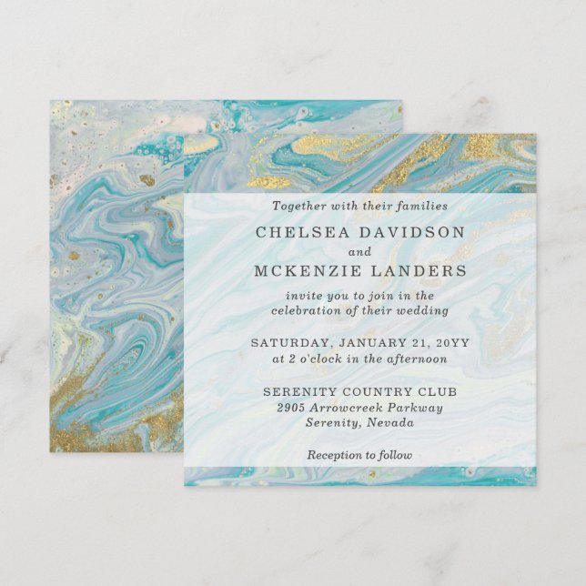 Turquoise & Gold Marble Swirl Agate Geode Wedding Invitation (Front/Back)