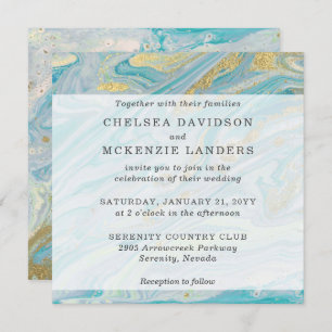 Turquoise & Gold Marble Swirl Agate Geode Wedding Invitation