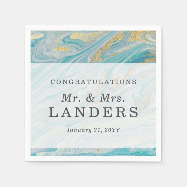 Turquoise & Gold Marble Swirl Agate Geode Wedding Napkin (Front)