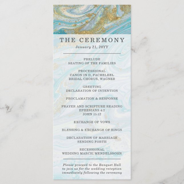 Turquoise & Gold Marble Swirl Agate Geode Wedding Programme (Front)