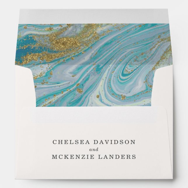 Turquoise & Gold Marble Swirl Wedding Invitation Envelope (Back (Bottom))