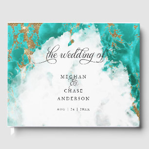 Turquoise Gold Marble Watercolor BarefootBride™ Guest Book