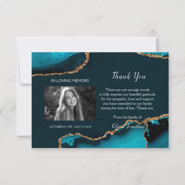 Turquoise & Gold Memorial Thank You Card (Front)