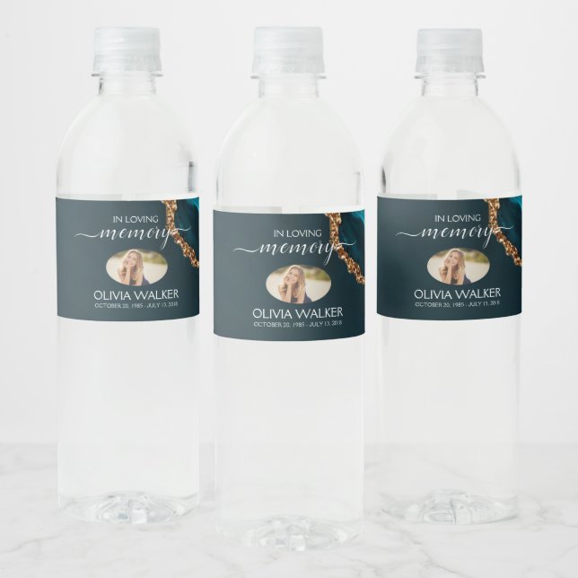 Turquoise & Gold Memorial  Water Bottle Label (Bottles)