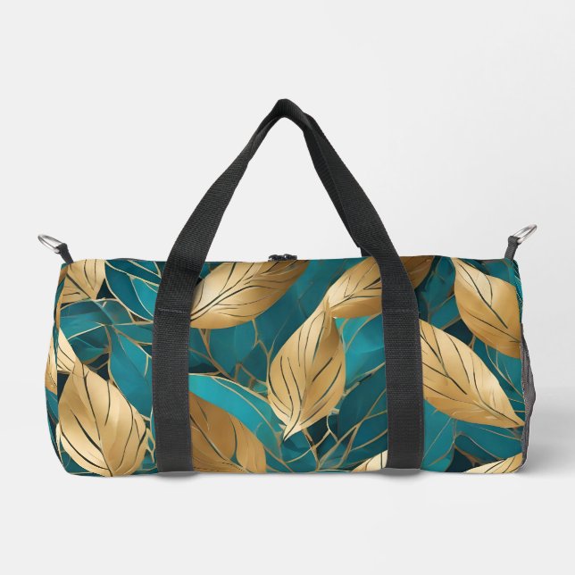 Turquoise Gold Modern Boho Leaves Collection Duffle Bag (Front)
