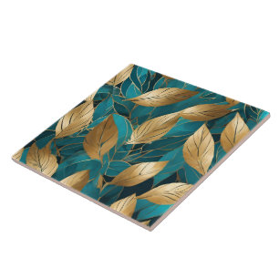 Turquoise Gold Modern Boho Leaves Collection Tile