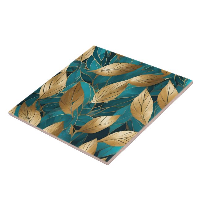Turquoise Gold Modern Boho Leaves Collection Tile (Side)