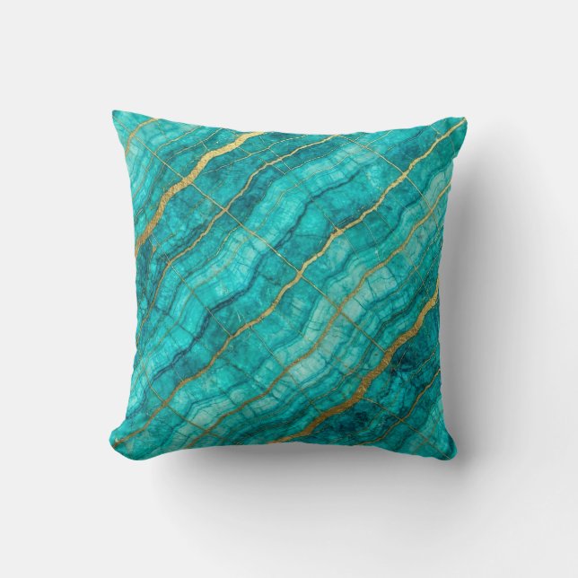 Turquoise + Gold Modern Luxury Marble Throw Pillow (Front)