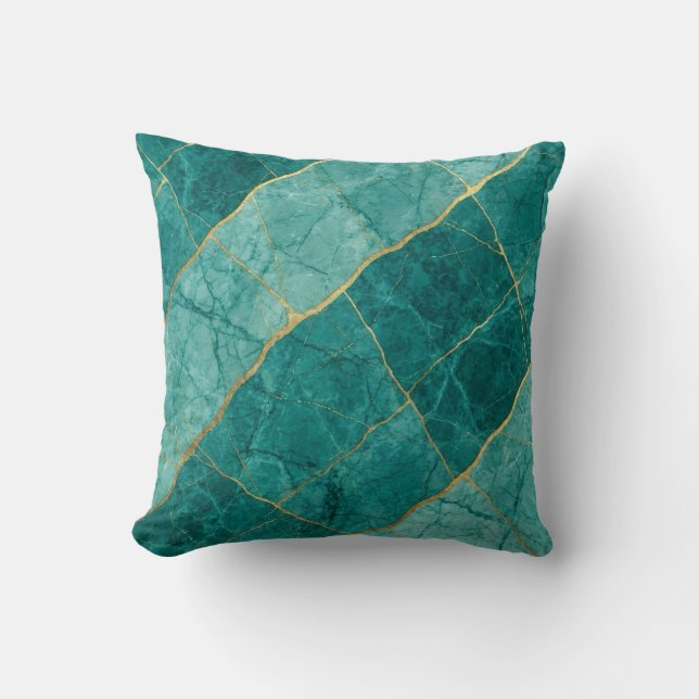 Turquoise + Gold Modern Luxury Marble Throw Pillow (Front)