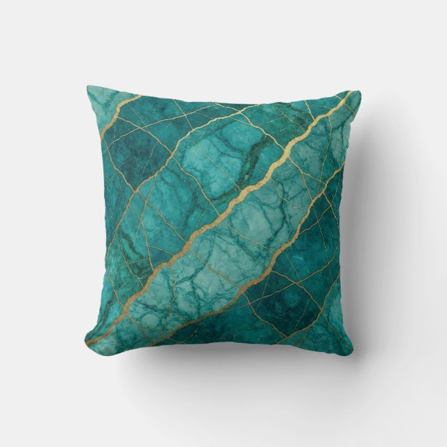Turquoise + Gold Modern Luxury Marble Throw Pillow (Front)