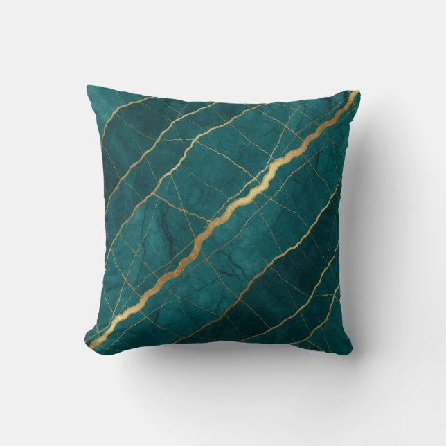 Turquoise + Gold Modern Luxury Marble Throw Pillow (Front)