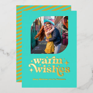Turquoise & Gold Modern Retro Christmas Photo Foil Holiday Card