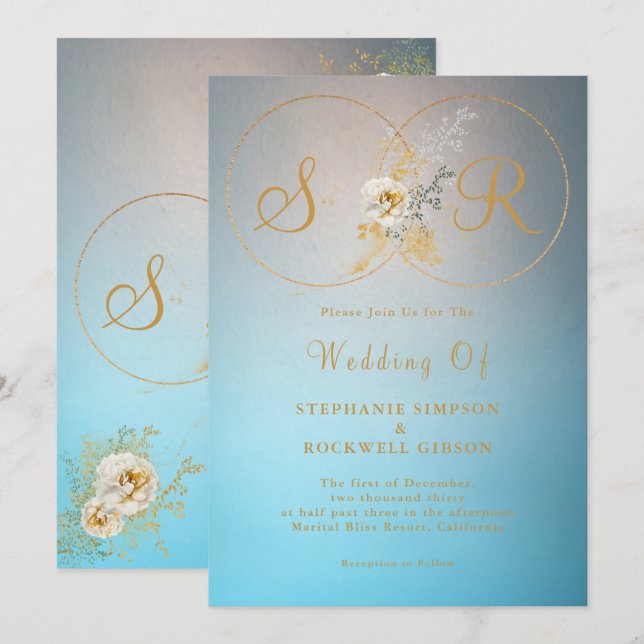 Turquoise Gold Monogram Wedding Invitation (Front/Back)