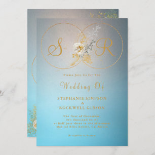 Turquoise Gold Monogram Wedding Invitation