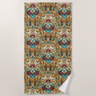 Turquoise & Gold Ornate Damask Beach Towel