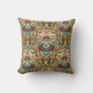 Turquoise & Gold Ornate Damask Cushion