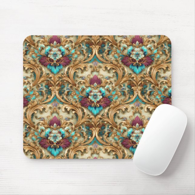 Turquoise & Gold Ornate Damask Mouse Mat (With Mouse)