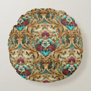 Turquoise & Gold Ornate Damask Round Cushion