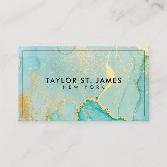 Turquoise Gold Painting Splatter Watercolor Business Card (Front)