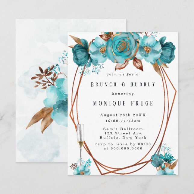 Turquoise Gold Peony Frame Brunch & Bubbly Invites (Front/Back)